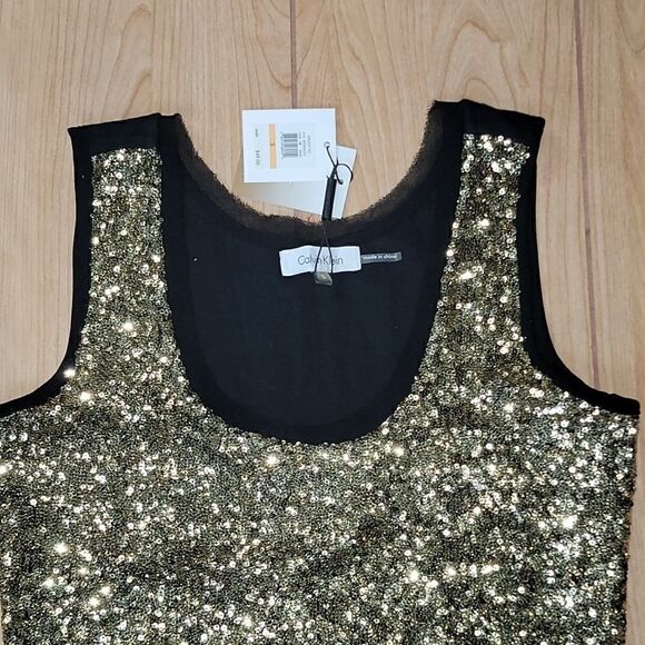 CALVIN KLEIN GOLD SEQUINED DRESSY TANK TOP - Picture 2 of 7